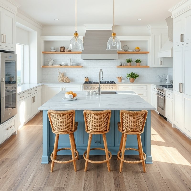 large kitchen with coastal blue island topped with white quartz, rattan bar stools