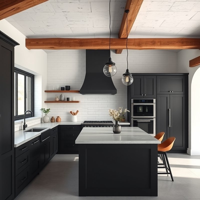 black kitchen with exposed warm wood ceiling beams and plaster ceiling