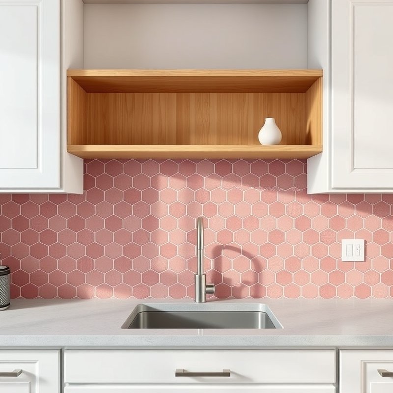 hexagon dusty rose tiles as kitchen backsplash with white cabinets and wood shelf