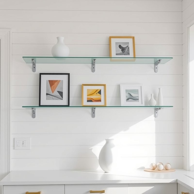 white kitchen with floating glass shelves mounted on a white wall, displaying small framed art and a white vase
