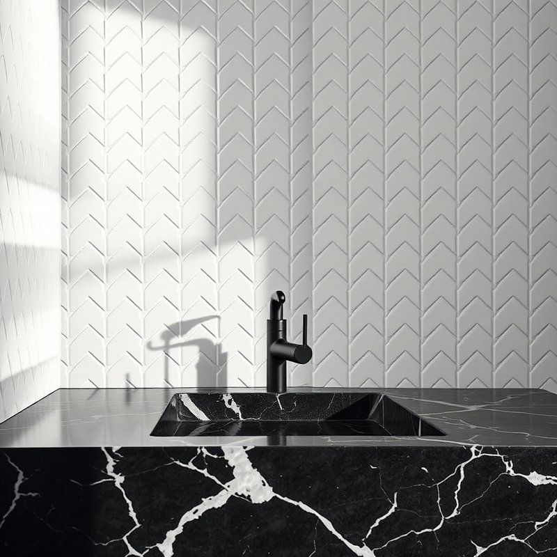 24 Black and White Bathroom Ideas That Create a Timeless, Elegant Look You Must Try 23 white herringbone tile splashback with a black marble vanity top