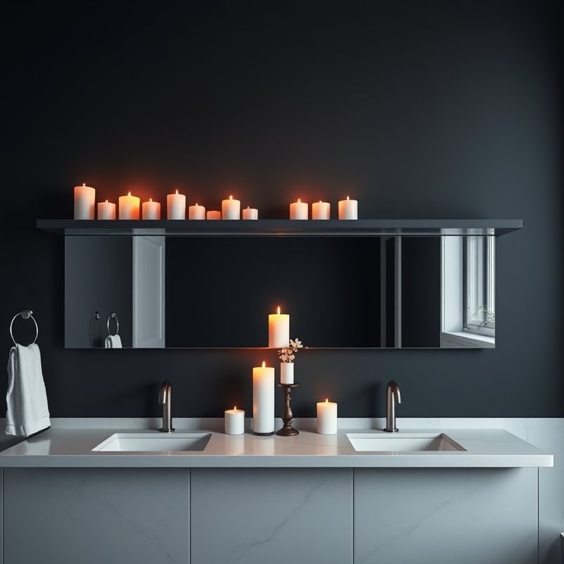 19 Cozy Bathroom Ideas That Make Your Space Feel Warm, Relaxing, and Inviting Try These Today 8 varying height pillar candles on a floating shelf in a bathroom