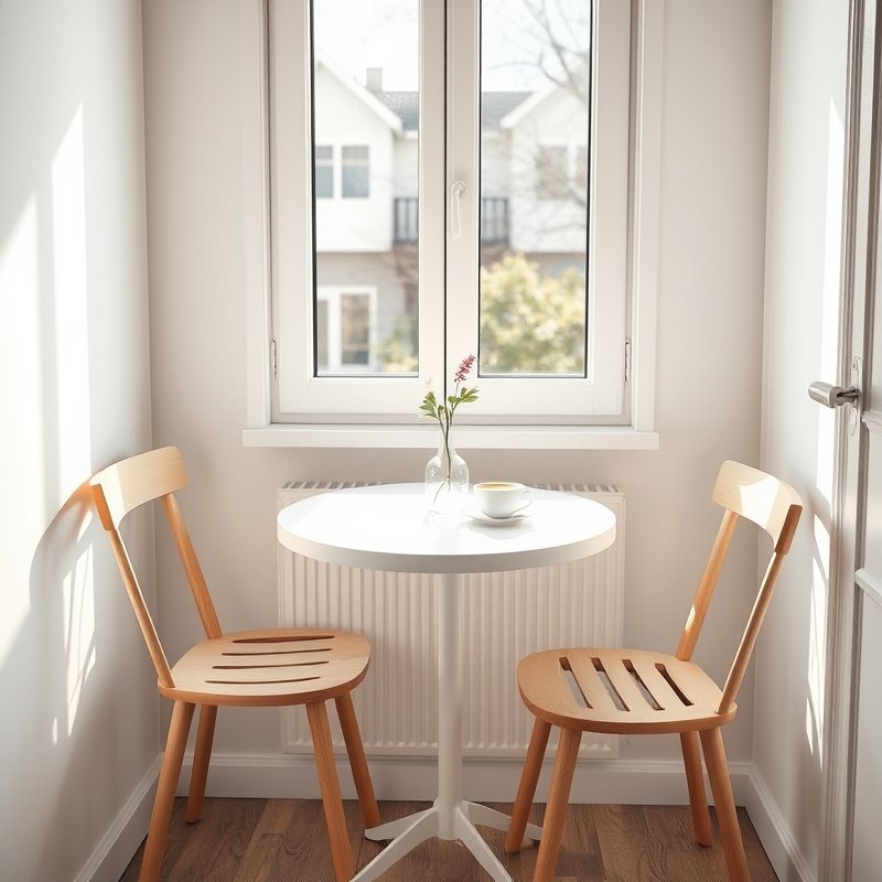 round bistro table with two chairs by a window, small vase and coffee cup