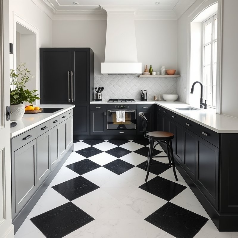 black and white checkerboard floor in a kitchen with black cabinets and white walls