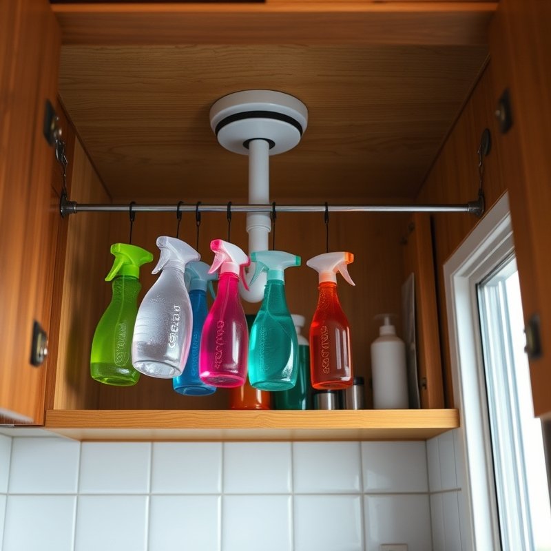 21 Kitchen Organization Ideas That Declutter Your Space and Make Cooking Easier Try These Now 3 open under-sink cabinet with tension rod holding spray bottles by their triggers