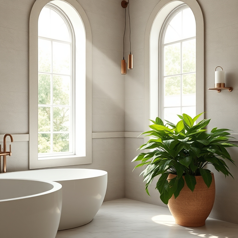 large leafy fern in a corner of a bright luxury bathroom