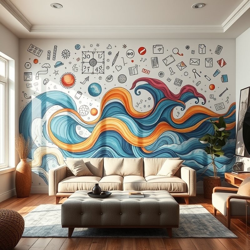 19 Colorful Living Room Ideas 2026 That Add Bold Personality and Happy Vibes Try This Look 18 living room with hand-painted mural wall in colorful waves