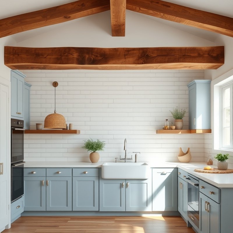 coastal blue kitchen with ceiling reclaimed wood beams and white subway tile