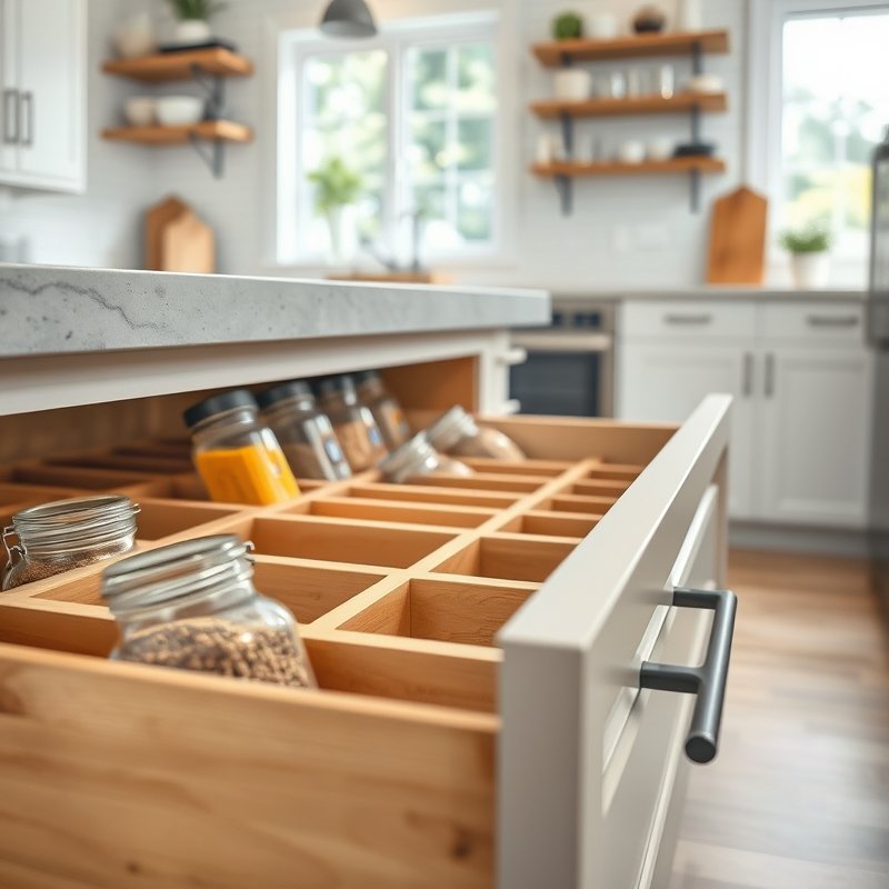 22 Island Kitchen Ideas That Add Style, Storage, and Function Upgrade Your Space Today 7 open spice drawer in kitchen island with neat rows of glass jars