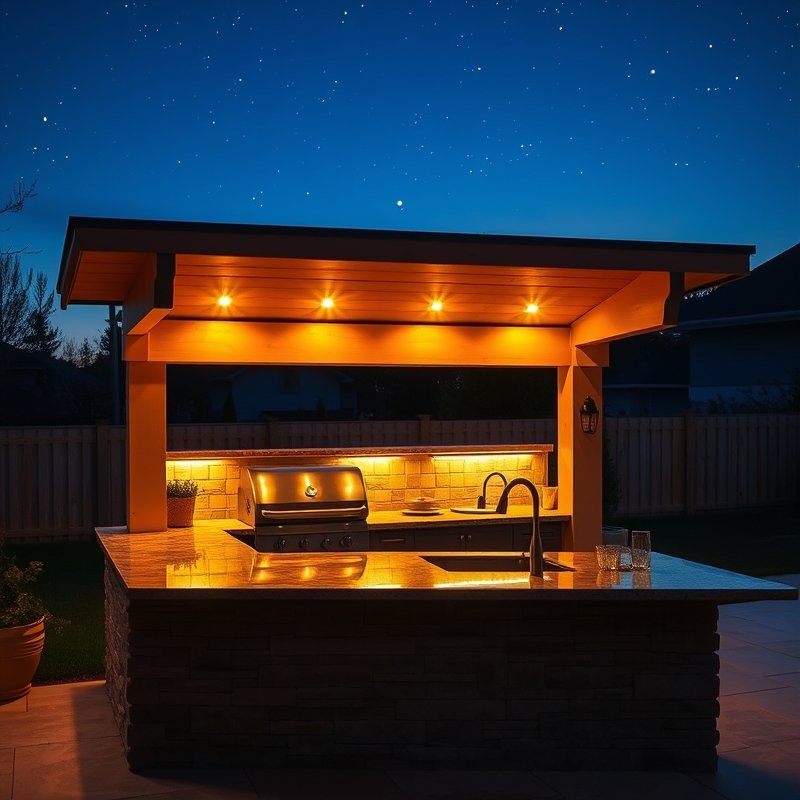 23 Kitchen Outdoor Ideas That Create the Perfect Backyard Cooking Space Start Designing Today 21 under-cabinet LED strip lights illuminating an outdoor kitchen countertop at night