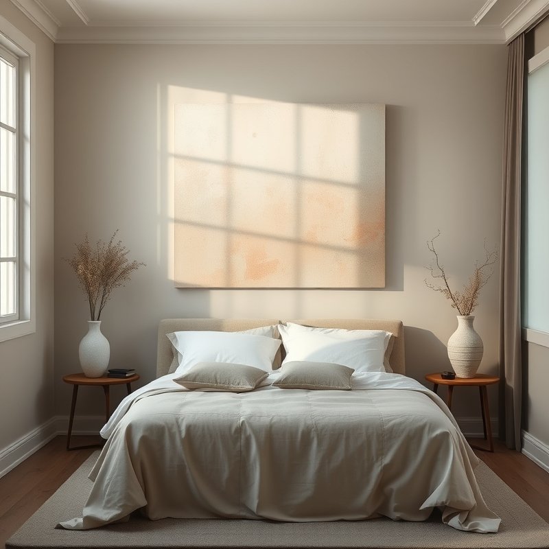 large abstract artwork above bed in small bedroom