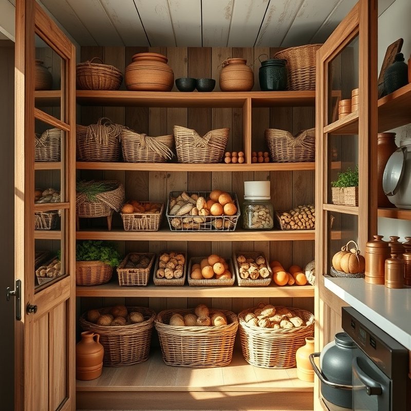 Open kitchen shelves with woven baskets storing potatoes and onions