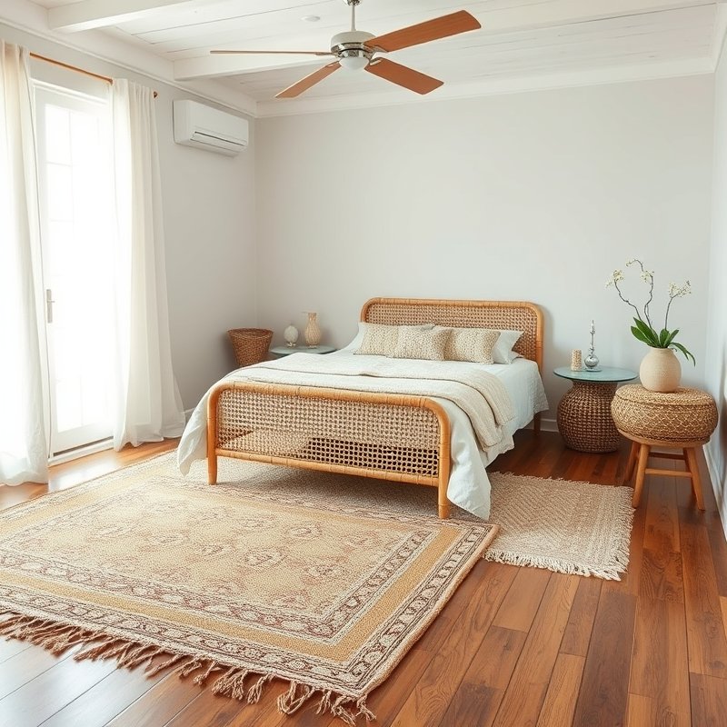 bedroom floor with overlapping jute and woven rugs under a wooden bed