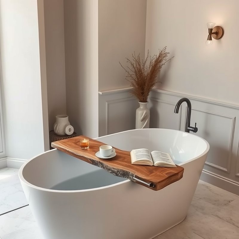 19 Cozy Bathroom Ideas That Make Your Space Feel Warm, Relaxing, and Inviting Try These Today 3 live-edge wooden caddy across a white soaking tub holding a book and candle
