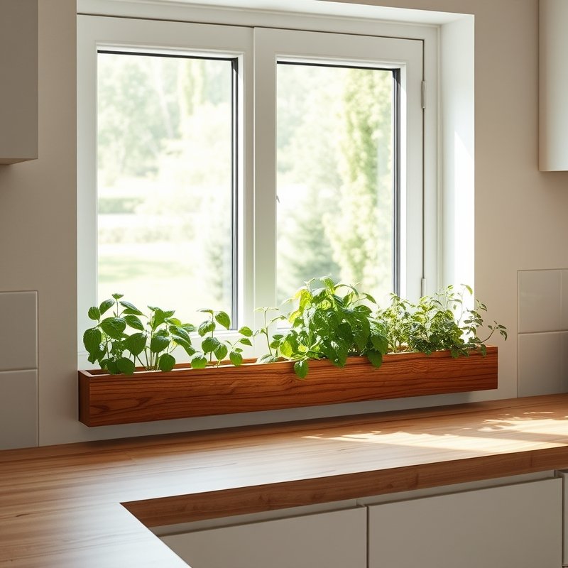 21 Japandi Kitchen Ideas That Blend Minimalist Style With Natural Calm Start Styling Now 12 small wooden planter with fresh herbs on a kitchen windowsill