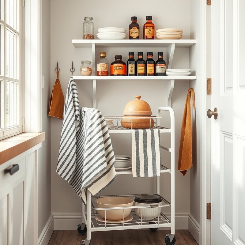 three-tier rolling cart in small kitchen with towels and oil bottles