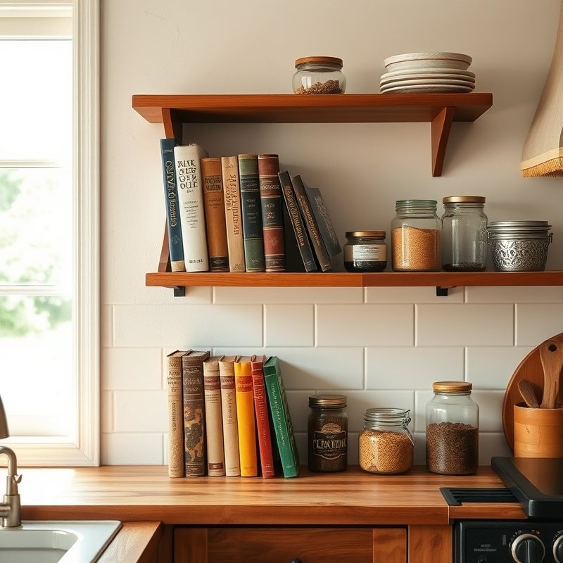 14 Cottage Kitchen Ideas That Create a Charming, Rustic, and Timeless Look Get Inspired Today 15 narrow ledge shelf with cookbooks leaning and small spice jars