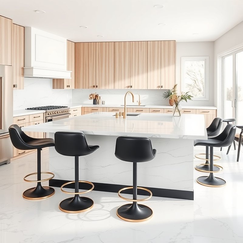 white marble island with black bar stools in a kitchen with wood cabinets