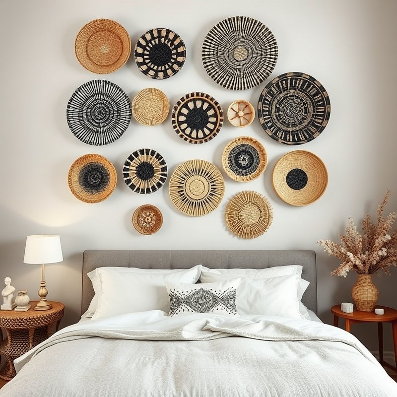 bedroom wall decorated with an arrangement of various woven baskets in different patterns and sizes