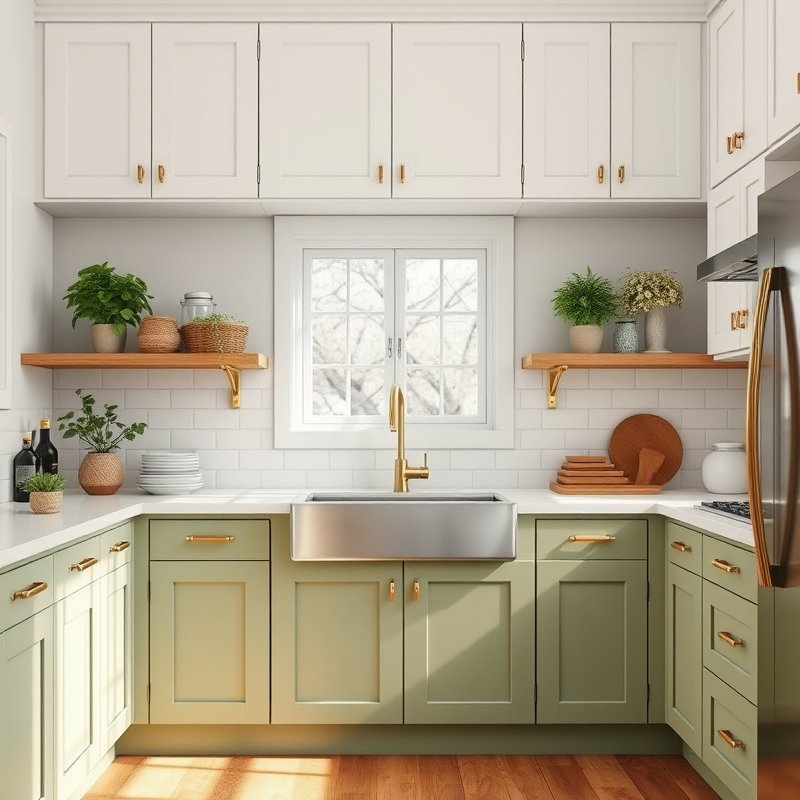 Sage green kitchen cabinets with brass handles