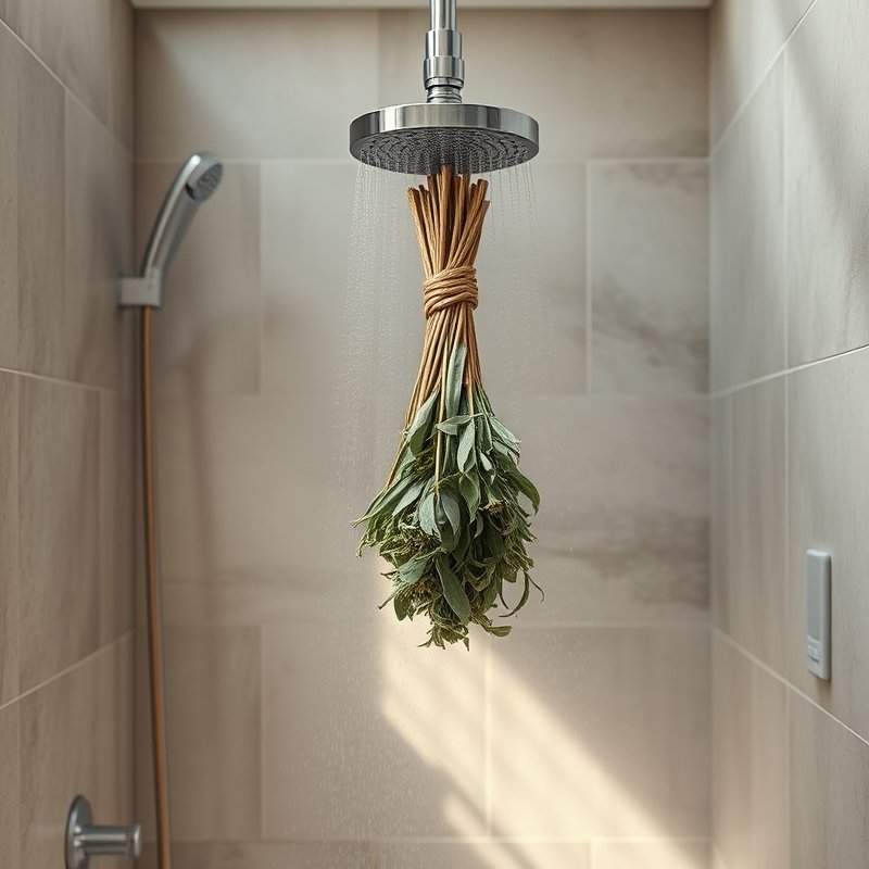 19 Cozy Bathroom Ideas That Make Your Space Feel Warm, Relaxing, and Inviting Try These Today 16 a bunch of dried eucalyptus hanging from a showerhead in a bathroom