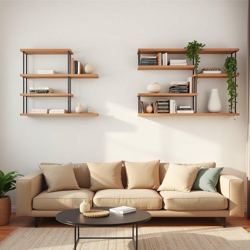 21 Living Room Ideas 2026 That Bring Fresh Trends and Modern Style Into Your Home Stay Ahead Now 10 Open wall shelves with symmetrically stacked books and minimalist decor