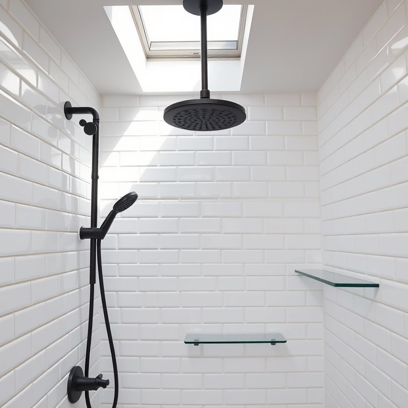 24 Black and White Bathroom Ideas That Create a Timeless, Elegant Look You Must Try 3 matte black shower fixtures on white subway tile wall