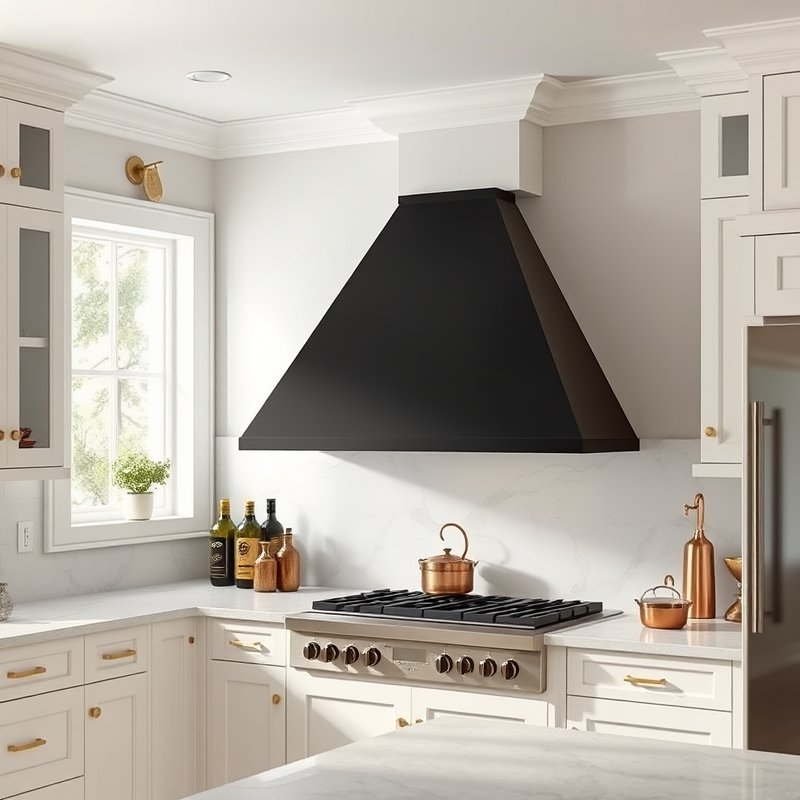 custom black range hood flanked by white cabinets and brass rail in a luxury kitchen