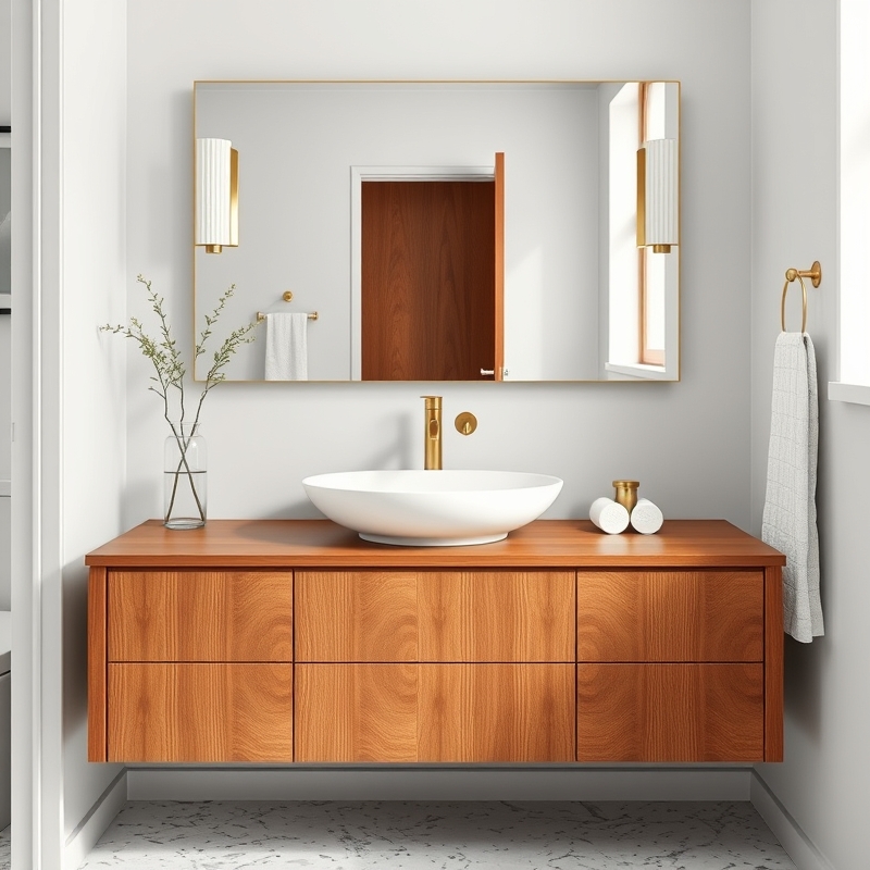floating walnut vanity in mid century modern bathroom