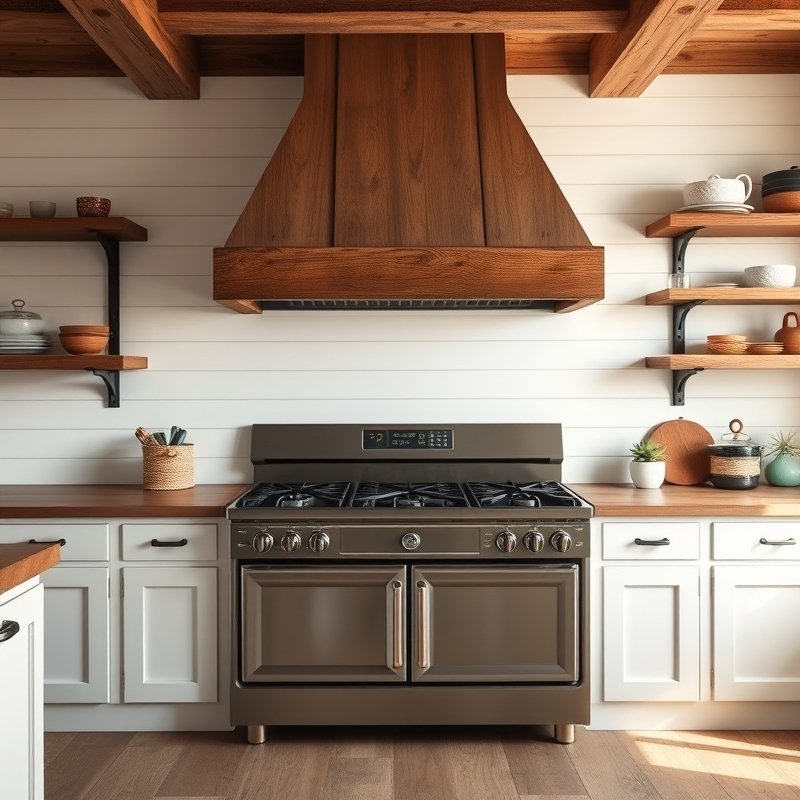 White shiplap wall behind a classic range in a rustic kitchen