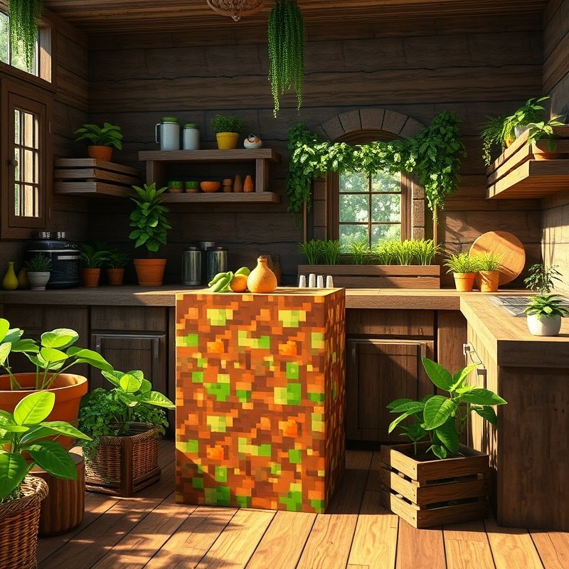 Minecraft kitchen with a composter used as a decorative food waste bin