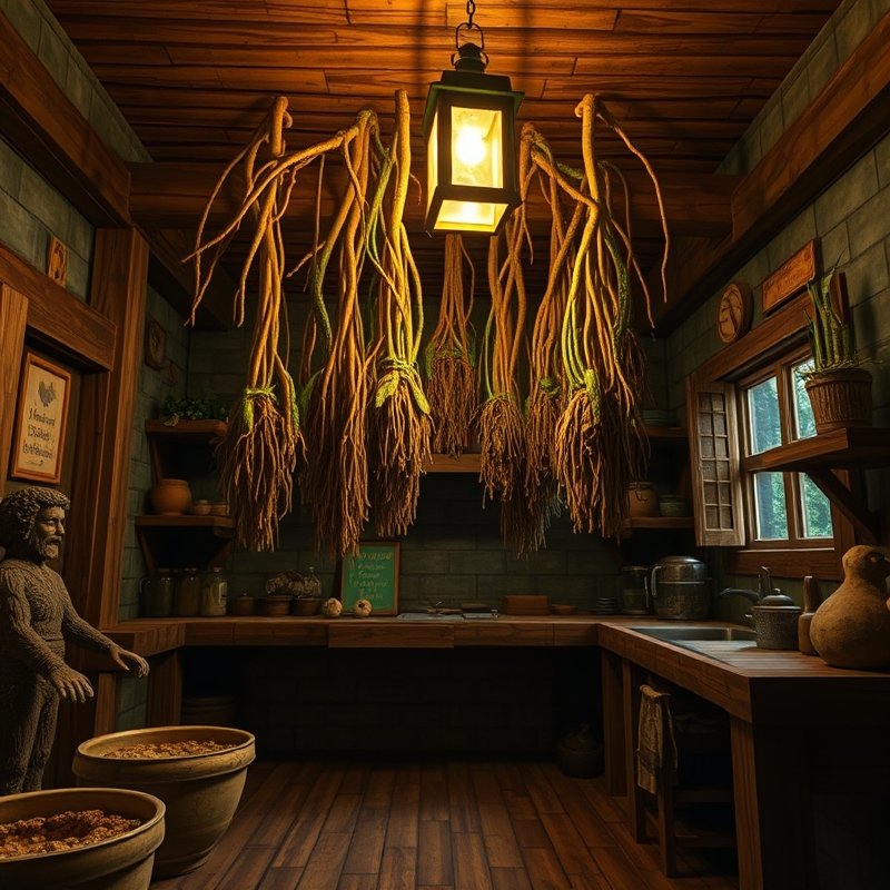 Minecraft kitchen ceiling with mangrove roots as hanging dried herbs
