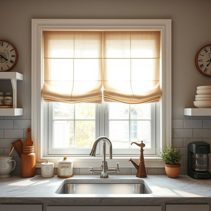 20 Kitchen Decor Ideas 2026 That Transform Your Space With Modern Style and Charm Upgrade Now 19 linen Roman shades in a kitchen window