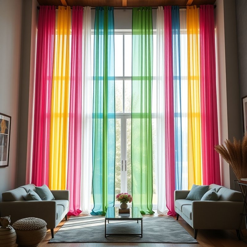 19 Colorful Living Room Ideas 2026 That Add Bold Personality and Happy Vibes Try This Look 11 floor to ceiling multicolored striped curtains in bright living room