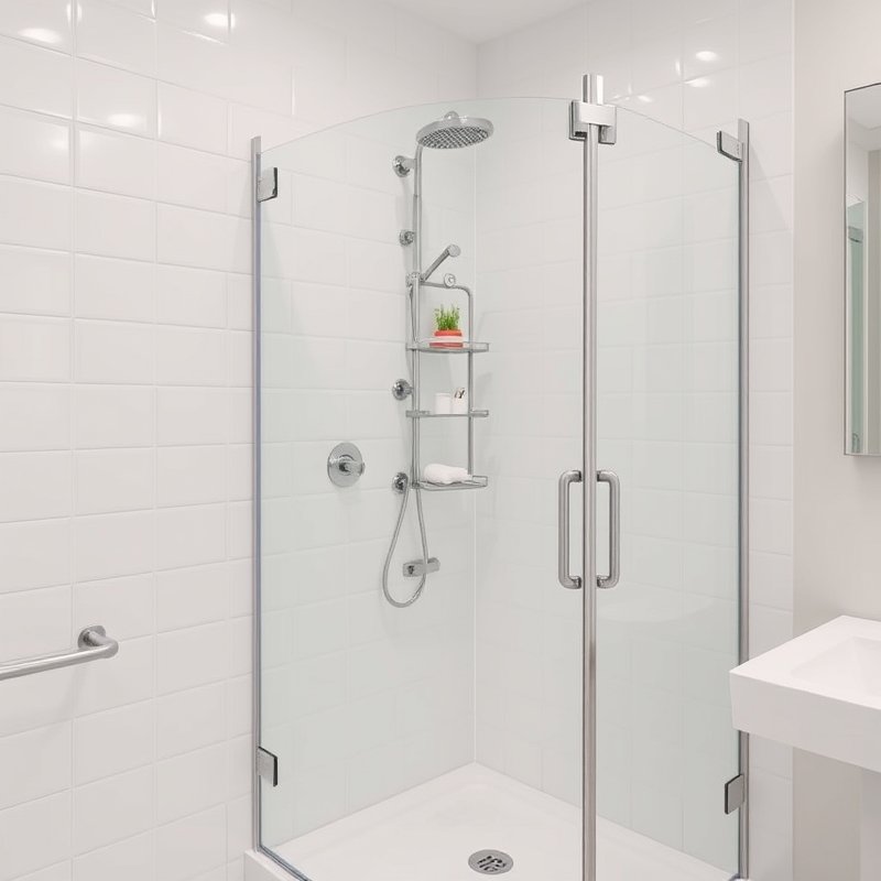 Glass shower corner with clear suction caddy holding bottles, neat and airy