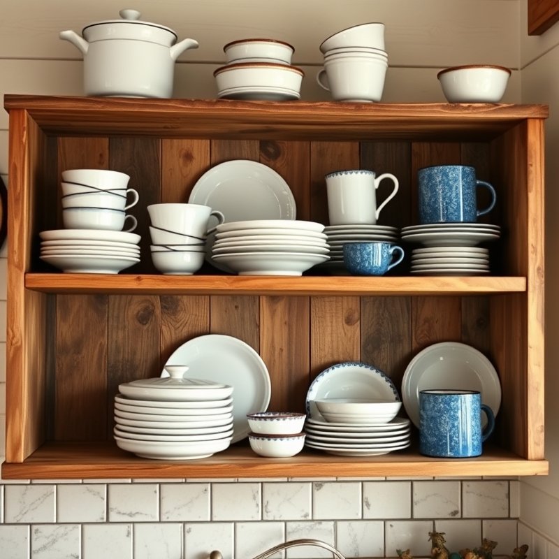 White enamelware plates and mugs displayed on rustic open shelves