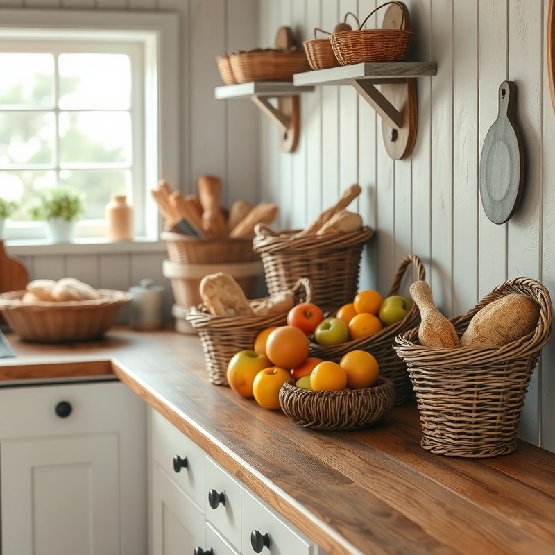 14 Cottage Kitchen Ideas That Create a Charming, Rustic, and Timeless Look Get Inspired Today 10 woven baskets holding bread and apples on a countertop