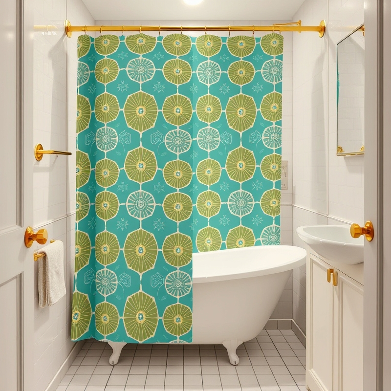 atomic print shower curtain mid century bathroom