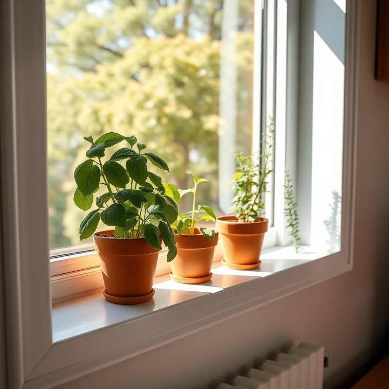 windowsill with small pots of basil, mint, and rosemary in a sunny kitchen