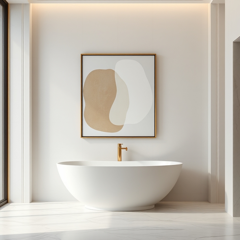 large framed abstract art piece on a calm bathroom wall