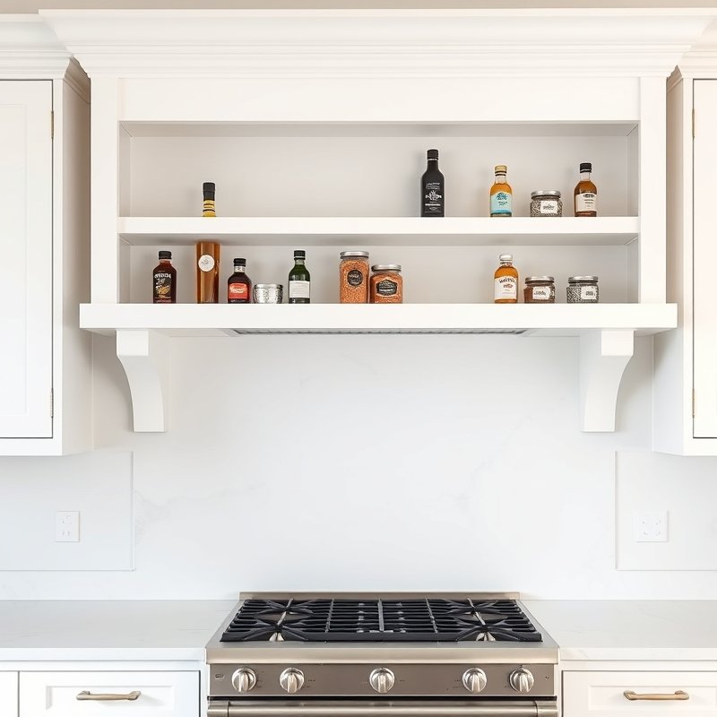 white kitchen with open white shaker shelves above a stainless steel range, holding olive oil bottles and spice jars