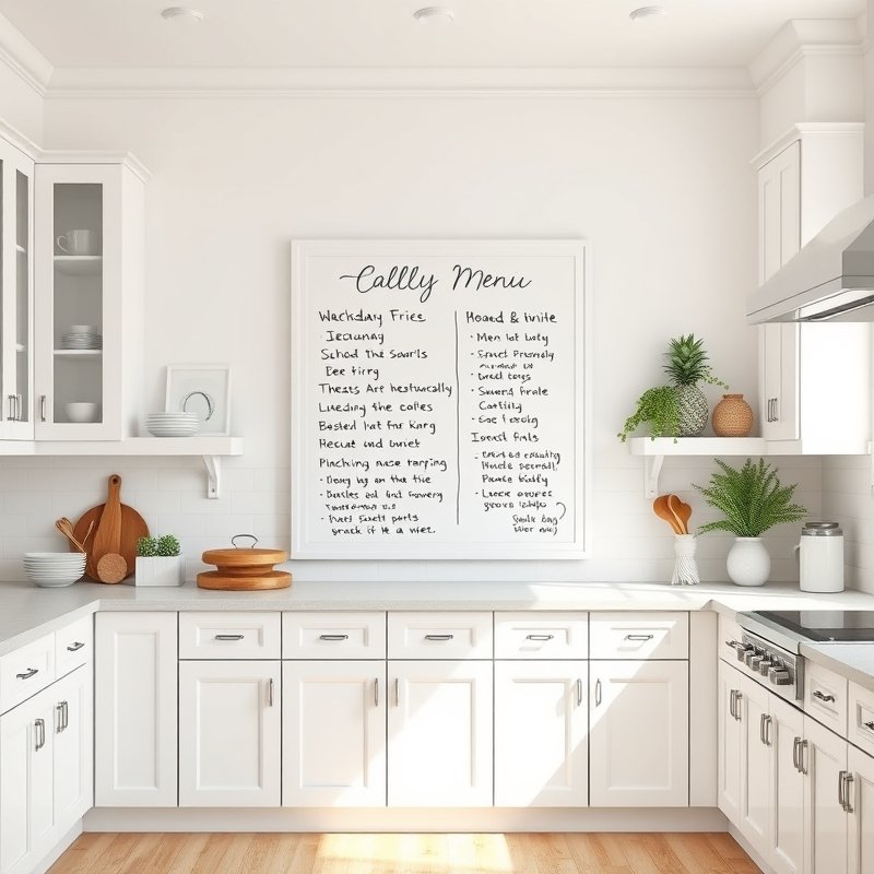 white kitchen with a framed white chalkboard wall panel, handwritten menu and notes, surrounded by white shaker cabinets