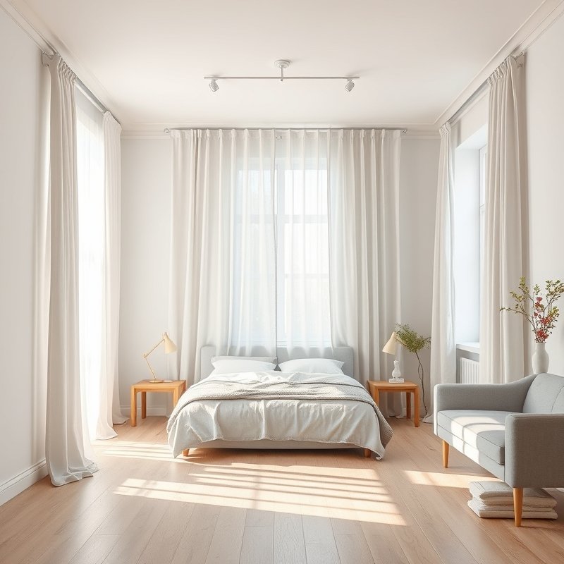 18 Living Room and Bedroom Combo Ideas That Save Space Without Sacrificing Style Try These Now 9 ceiling mounted curtain track closing off a bed in a bright studio