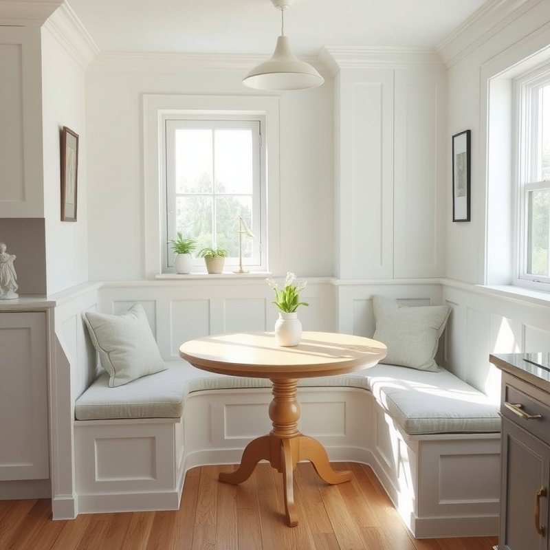 white kitchen breakfast nook with a built-in white bench, plush linen cushions, a round wooden table, and soft pendant lighting