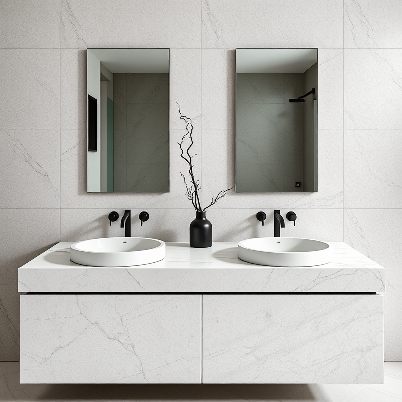 bathroom vanity with a thick single slab of quartzite as countertop