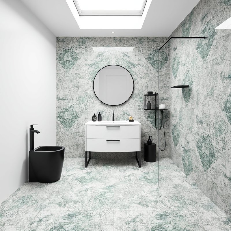 19 Green Tile Bathroom Ideas That Bring Fresh Nature Vibes and Texture Try This Look Now 11 terrazzo tile with green flecks in bathroom